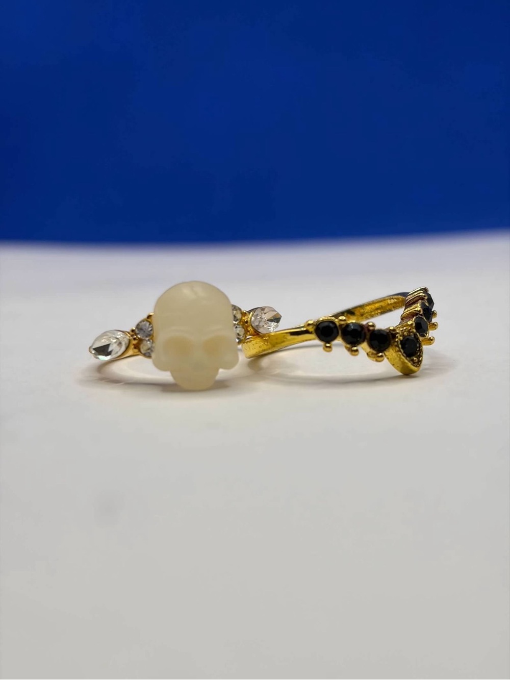 Size 9 Gold Tone Skull Ring Set Black & Clear Rhinestone Gothic